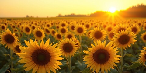 Yellow sunflower field at sunrise with warm golden light, fields, nature scenes, sunflowers