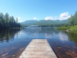 Obraz premium Serene lake view with a wooden dock surrounded by mountains and trees.