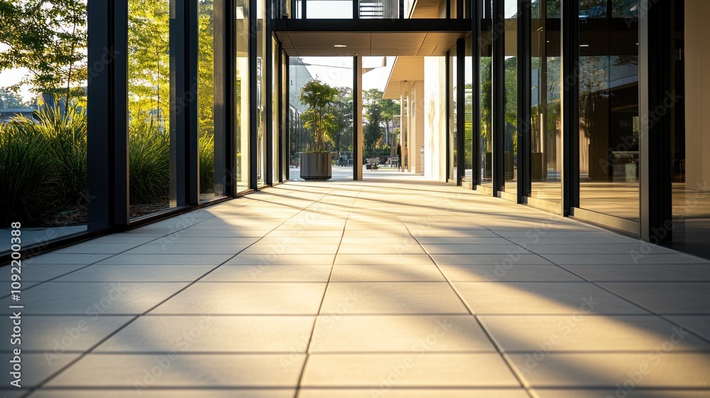 Poster a sunlit corridor with modern architecture and tiled flooring, surrounded by greenery.