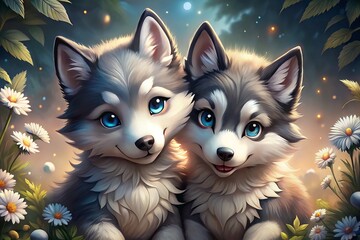Obraz premium Adorable Aerial Photography of Chibi-Style Black and White Wolves Embracing Friendship and Warmth for Animal Lovers and Cute Art Enthusiasts