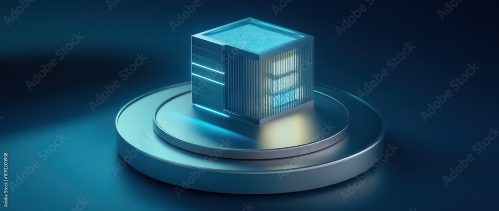 Poster A futuristic, illuminated cube design representing advanced technology and data processing.
