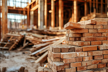Piles of bricks, wood, and steel beams at a busy construction site