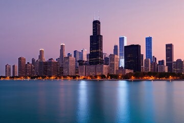 Obraz premium Dreamy Chicago Skyline at Twilight with Background-Lit Skyscrapers on a Soft Pastel Background
