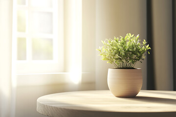 Fototapeta premium Illuminated Plant: A ray of sunlight graces a vibrant green potted plant, adding a touch of nature's beauty to a minimalist interior. The scene evokes feelings of peace and tranquility.