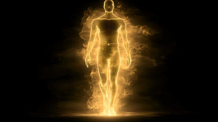 Glowing Silhouette of an Ethereal Being with Golden Energy in a Vibrant Light Fantasy Art