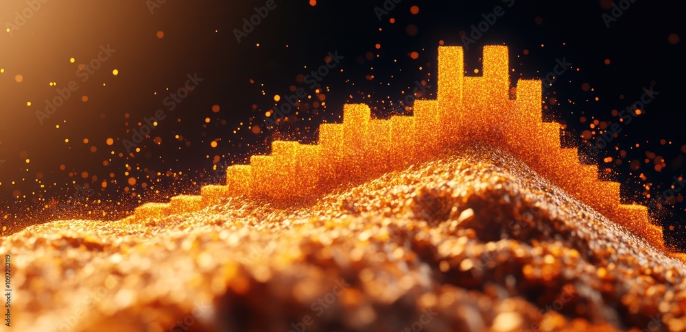 Poster A vibrant mound of golden particles resembling a bar graph, suggesting data visualization.