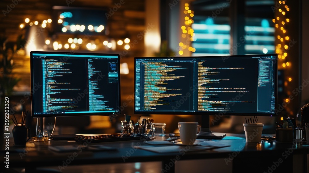 Poster a workspace with dual monitors displaying code, coffee, and office supplies in a cozy setting.