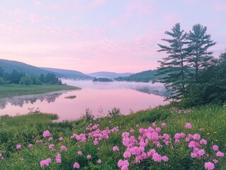 Obraz premium Serene landscape at dawn with flowers, mist, and calm waters.