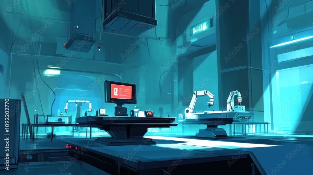 Poster Futuristic Laboratory With Robotic Arms And Computer Systems