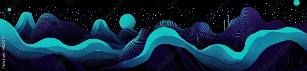 Poster abstract landscape featuring flowing waves and celestial elements in vibrant colors.
