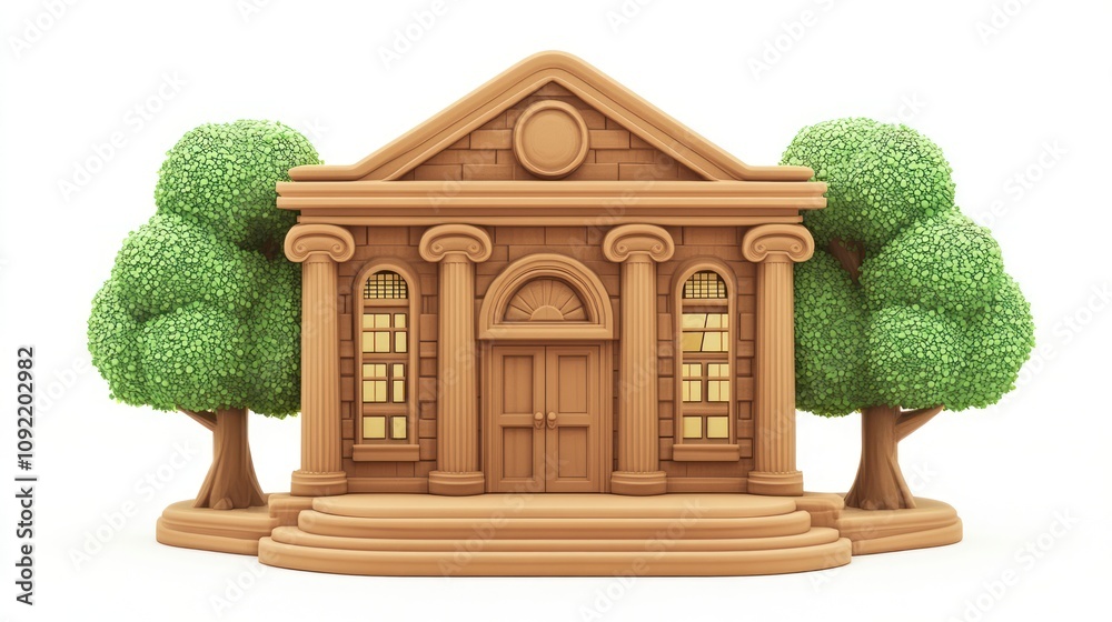 Poster a stylized building with columns and trees, resembling a classic architectural design.