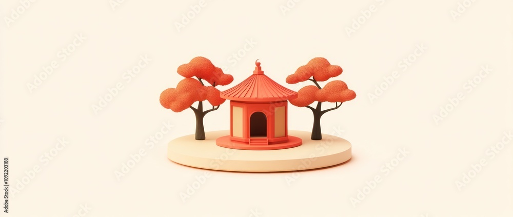 Poster a stylized pagoda surrounded by trees on a circular base, showcasing a serene environment.
