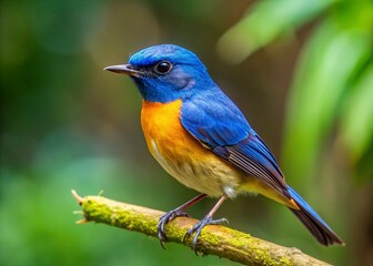 Obraz premium Closeup of a Male Hill Blue Flycatcher Perched on a Branch with Vivid Blue Feathers and Contrast against Natural Green Background in a Serene Forest Setting