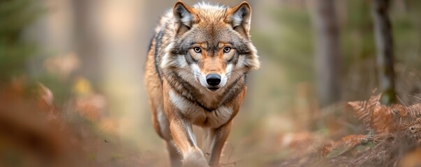 Majestic wolf walking through a serene forest setting, showcasing its striking features and natural beauty amidst the autumn foliage and fading light