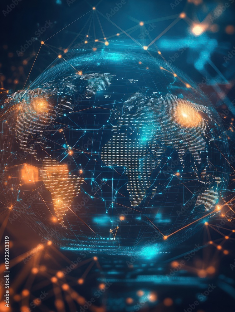 Poster blockchain technology wording on futuristic hud background with polygon world map and blockchain pee