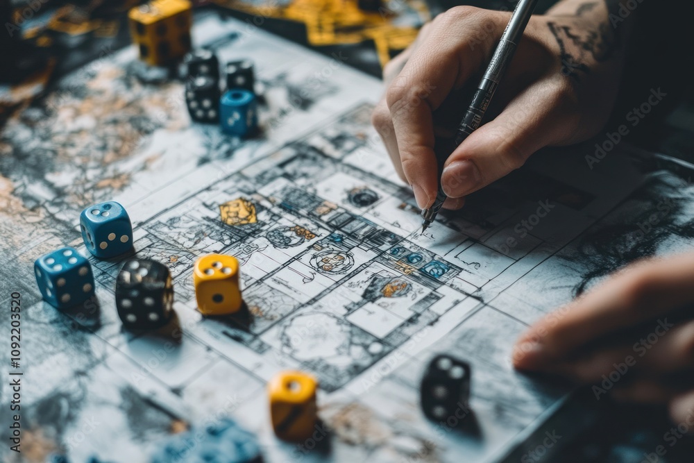 Poster A hand sketches on a game map surrounded by colorful dice, indicating a tabletop gaming session.