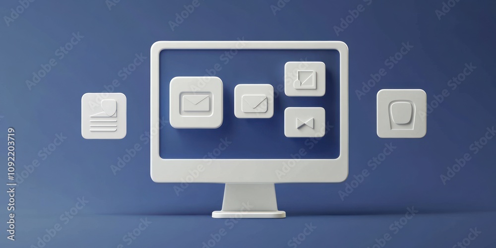 Aufkleber A computer monitor displaying various white icons representing communication and documents.