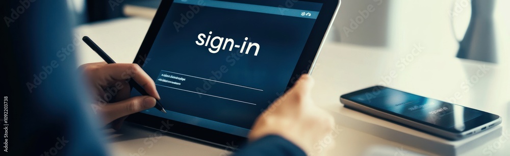 Poster a person using a tablet to sign in, with a smartphone on a table nearby.