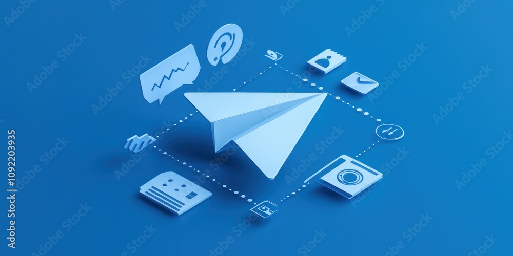 Poster a stylized paper airplane surrounded by communication and analytics icons on a blue background.