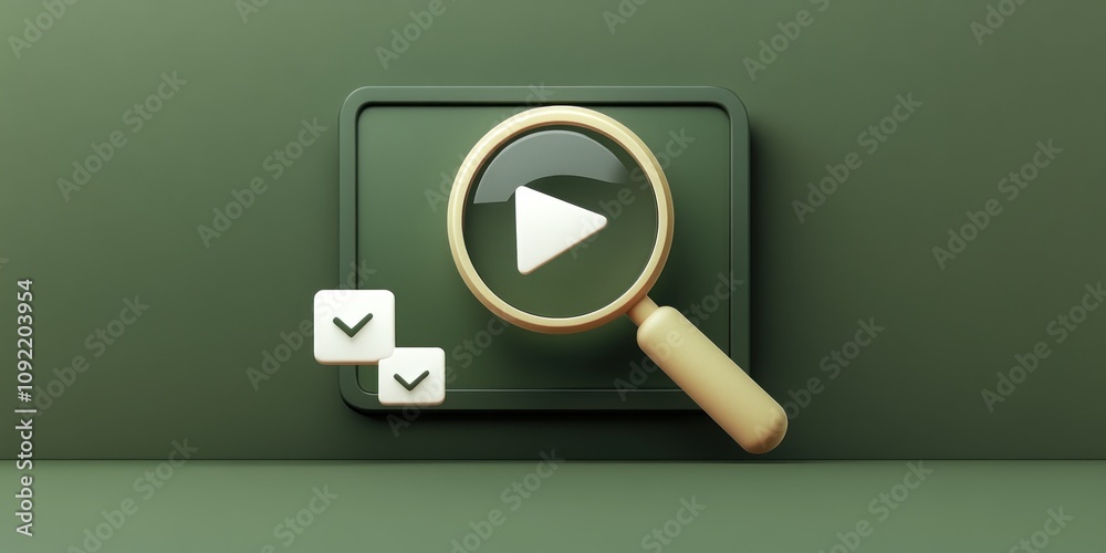 Poster A magnifying glass over a play button and checkboxes, symbolizing search and selection.
