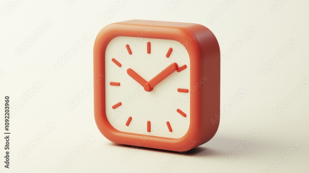 Poster a modern, stylized red clock with a white face and simple hour markers.