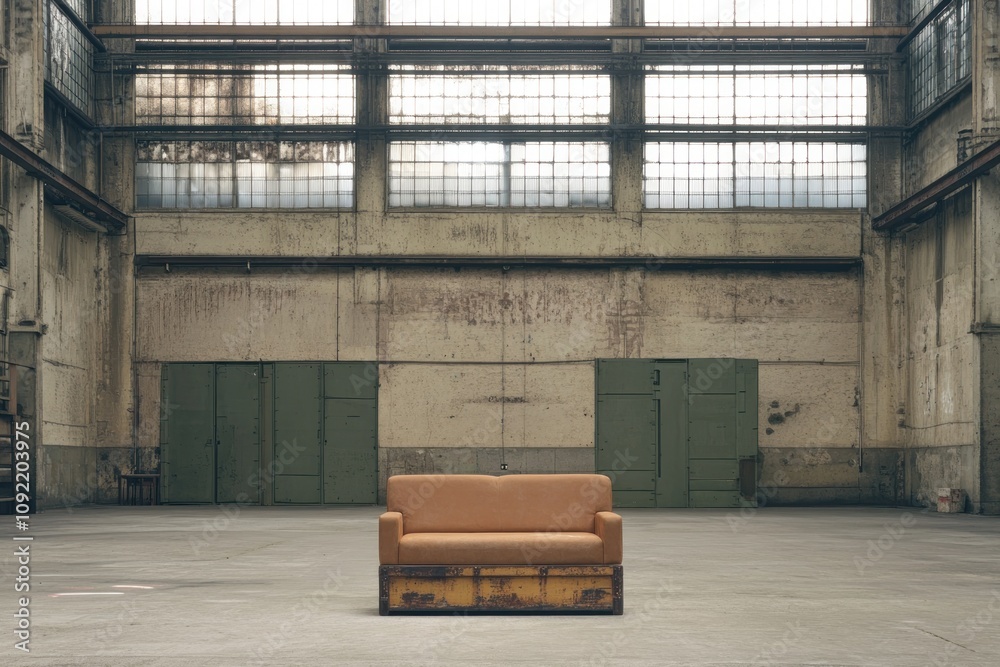 Poster a solitary orange couch in an industrial space with large windows and a minimalistic backdrop.