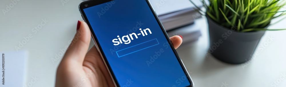 Aufkleber a hand holding a smartphone displaying a sign-in screen against a desk background.