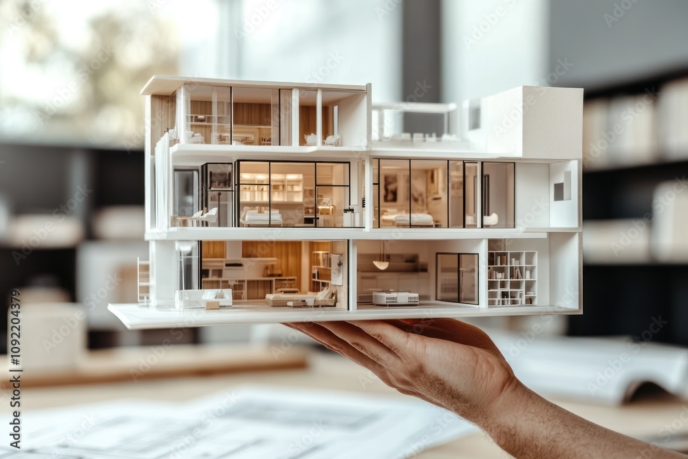 Poster A hand holds a detailed architectural model of a modern multi-level house.