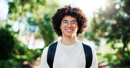 Man, student and smile for portrait at park, pride and excited on commute to university in spring....