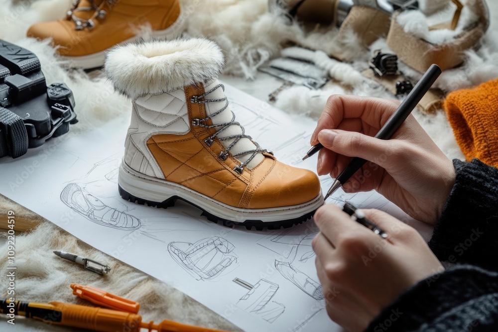 Poster A designer sketches a winter boot surrounded by materials and design plans.