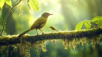 Obraz premium Liberian Greenbul foraging in lush forest