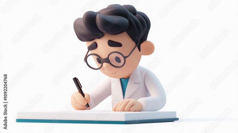 Aufkleber a cartoon scientist writing notes in a lab setting.