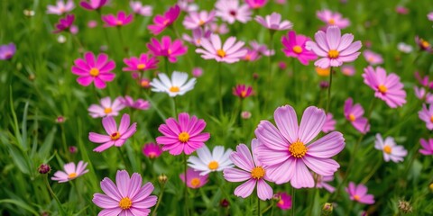 Fototapeta premium Lush green field with cosmos flowers in various shades of pink and purple, floral landscape, nature's beauty, serene scene