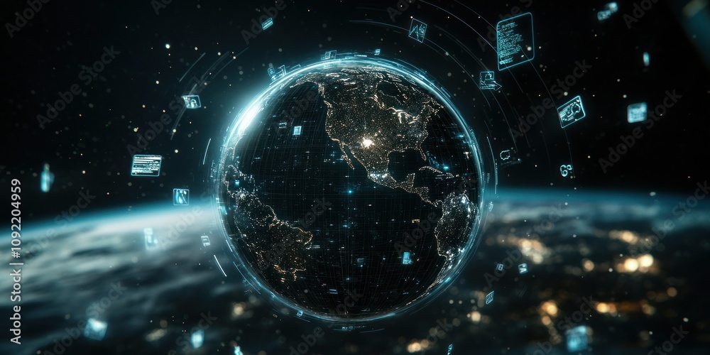 Aufkleber A digital globe surrounded by data elements, symbolizing global connectivity and technology.