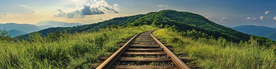 Fototapeta premium 2410_062.rustic wooden railway tracks, verdant hillside ascent, sun-drenched mountain path, vibrant green foliage, distant summit, adventurous trekking route