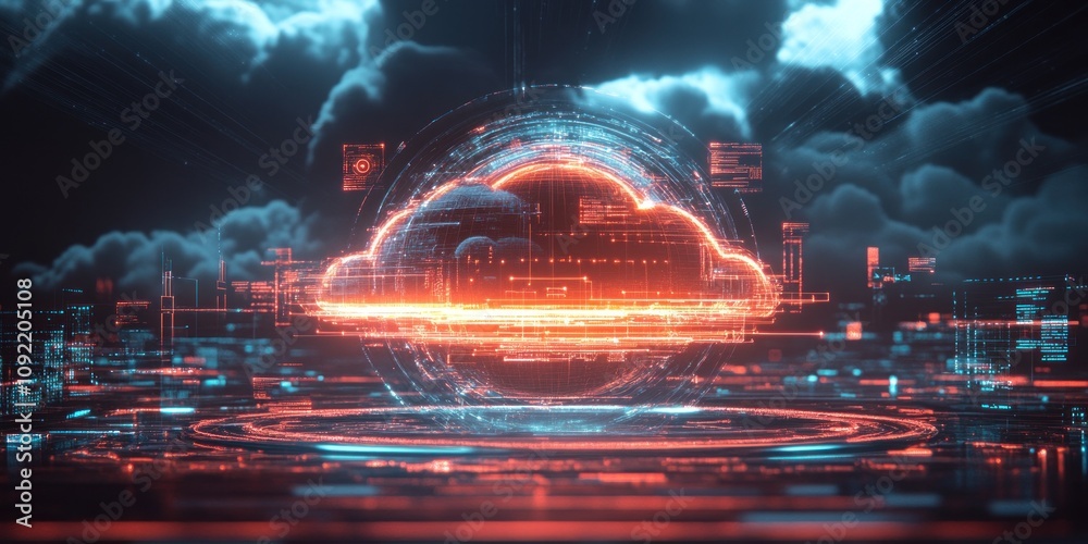 Aufkleber Futuristic cloud computing visualization with glowing elements and data streams.