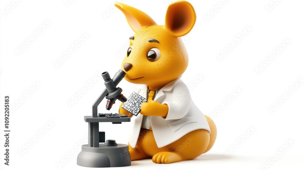 Poster a cartoon kangaroo in a lab coat examining samples under a microscope.