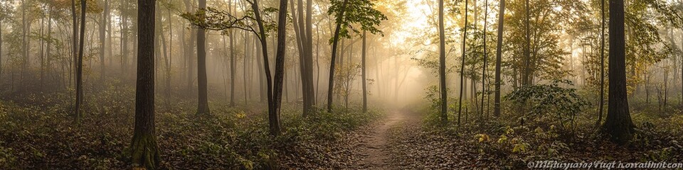 Obraz premium 2410_003.serene woodland hiking path, towering deciduous trees, ethereal morning mist, dramatic light rays, organic forest understory, peaceful nature landscape, earthy tones, moody atmosphere, soft