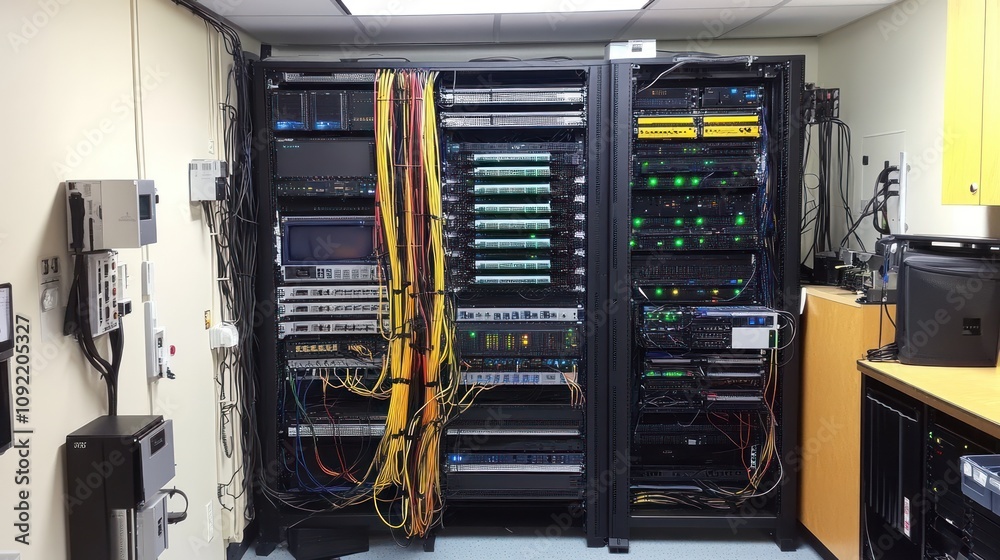 Poster network server room with extensive cabling and equipment