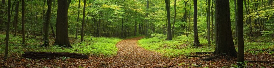 Fototapeta premium 2410_010.early autumn forest interior, peaceful nature trail, mixed deciduous trees, gentle light filtering through leaves, natural pathway with fallen foliage, transitional seasonal colors, verdant