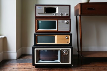 Obraz premium Vintage Stacked Television Boxes with Custom Frame Cut-Outs