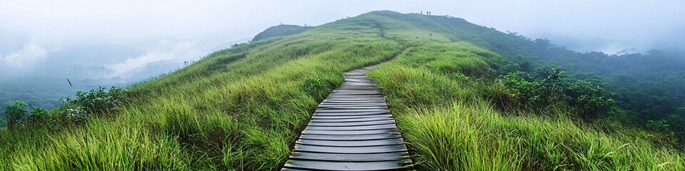 2410_076.wooden boardwalk trail ascending grassy mountain slope, expansive verdant hillside, misty mountain peak, overcast sky, distant hikers, panoramic viewpoint, rolling green terrain