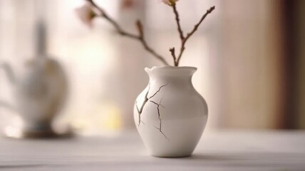 Fragile porcelain vase cracked and slightly tilted on white table,symbolizing vulnerability and fragility in life and relationships.