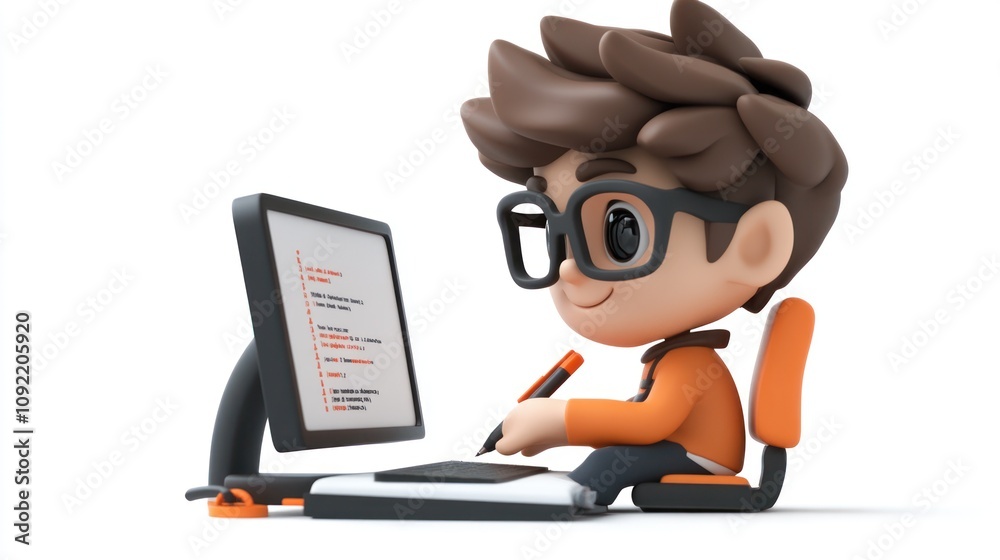 Poster A cartoon character with glasses working on a computer, focused on coding or writing.