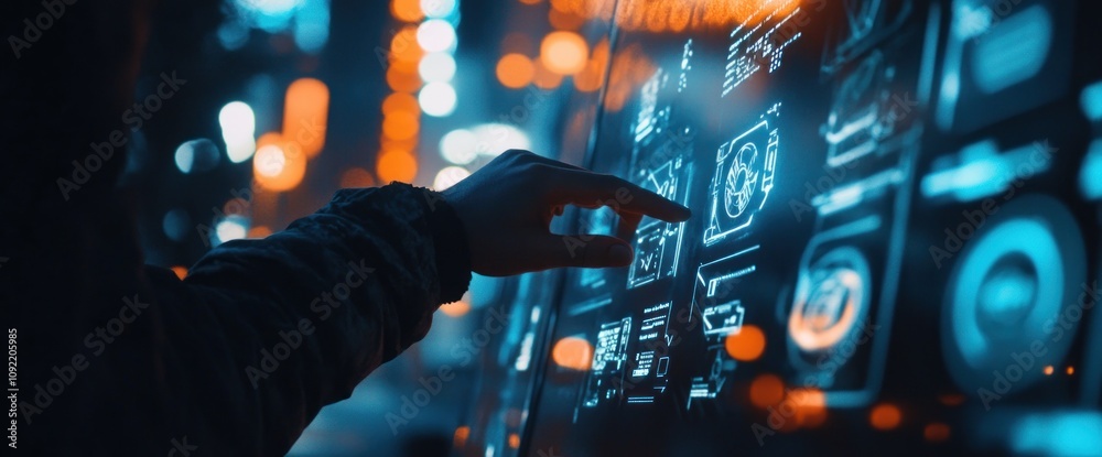 Fototapete A person interacting with a digital interface displaying various technological icons.