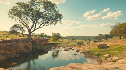 Fototapeta premium Serene landscape with a river, rocky terrain, and lush greenery.