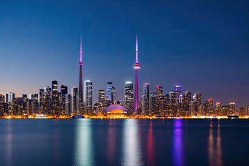 Obraz premium Stunning Toronto Night Skyline Featuring Illuminated Skyscrapers on Sleek Silver Backdrop