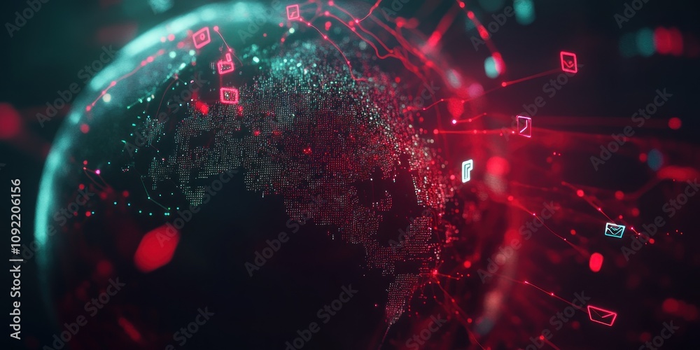 Aufkleber A digital representation of a globe interconnected with data streams and symbols.
