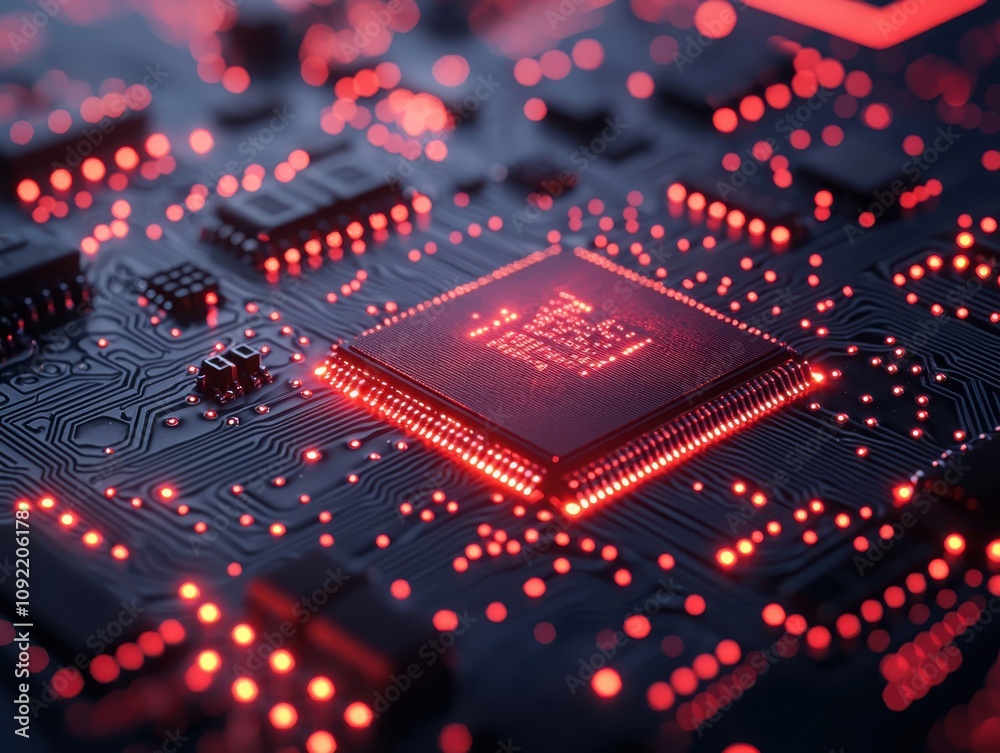 Poster exploring the intricacies of a computer chip closeup view of technology in a digital environment