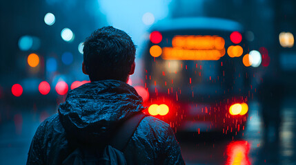 Rainy Evening Bus Stop Solitude in City Streets at Night